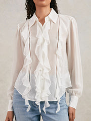 Women Paige Silk Georgette Ruffle Trim Shirt in White
