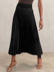 Women Pleated Midi Skirt in Black