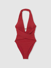 Women Plunge Halterneck Swimsuit in Dark Red