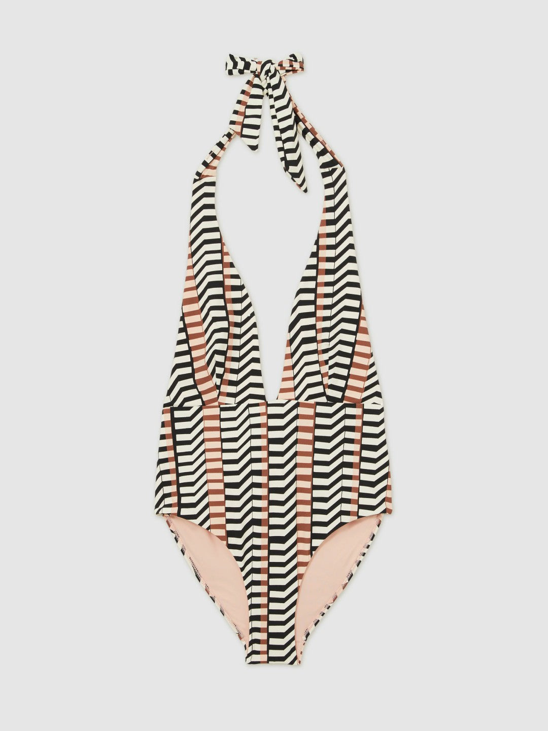 Women Chevron Stripe Plunge Swimsuit in Black/Brown