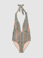 Women Chevron Stripe Plunge Swimsuit in Black/Brown