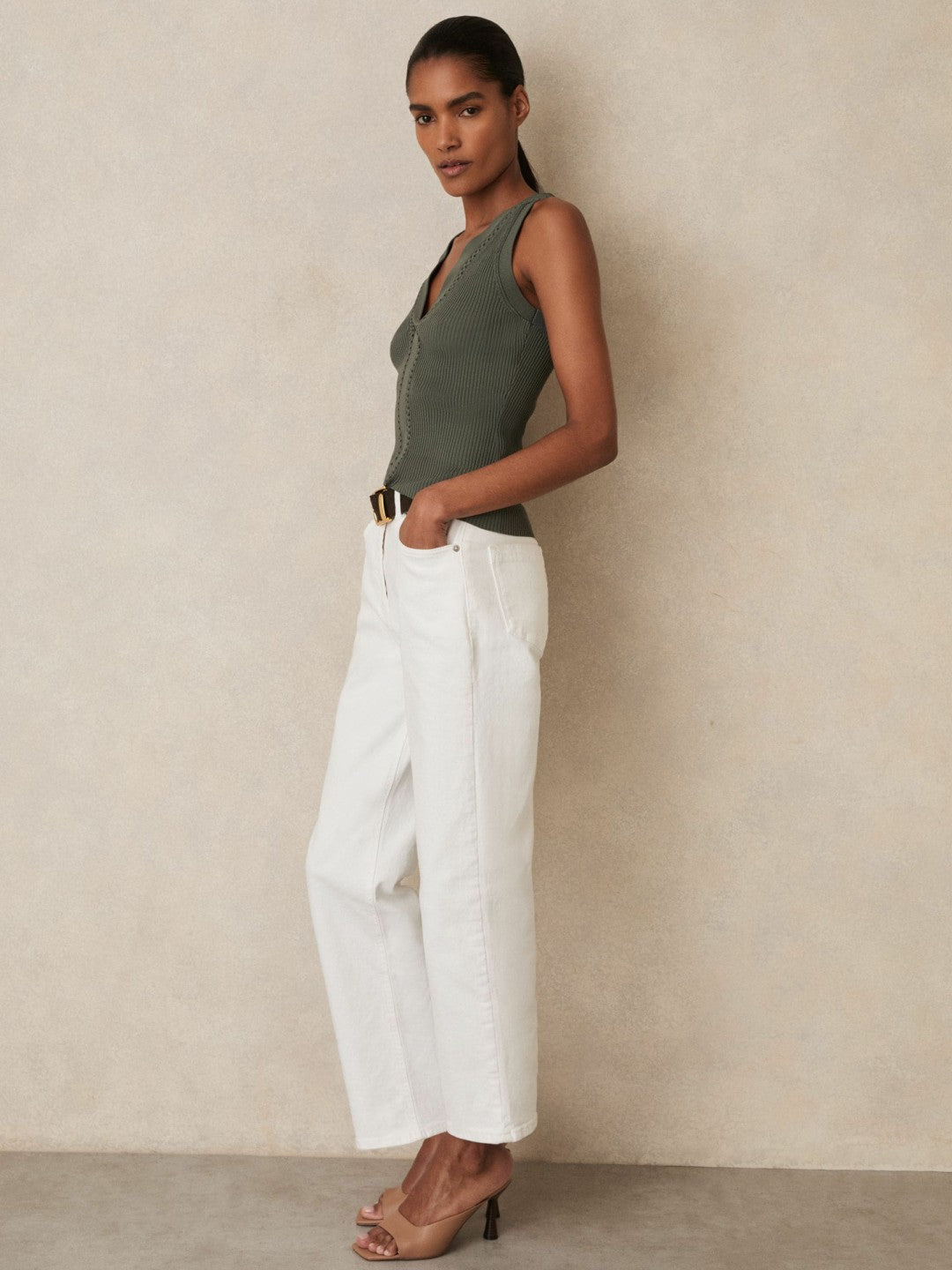 Women Craft-Stitch Rib-Knit Vest in Khaki Green