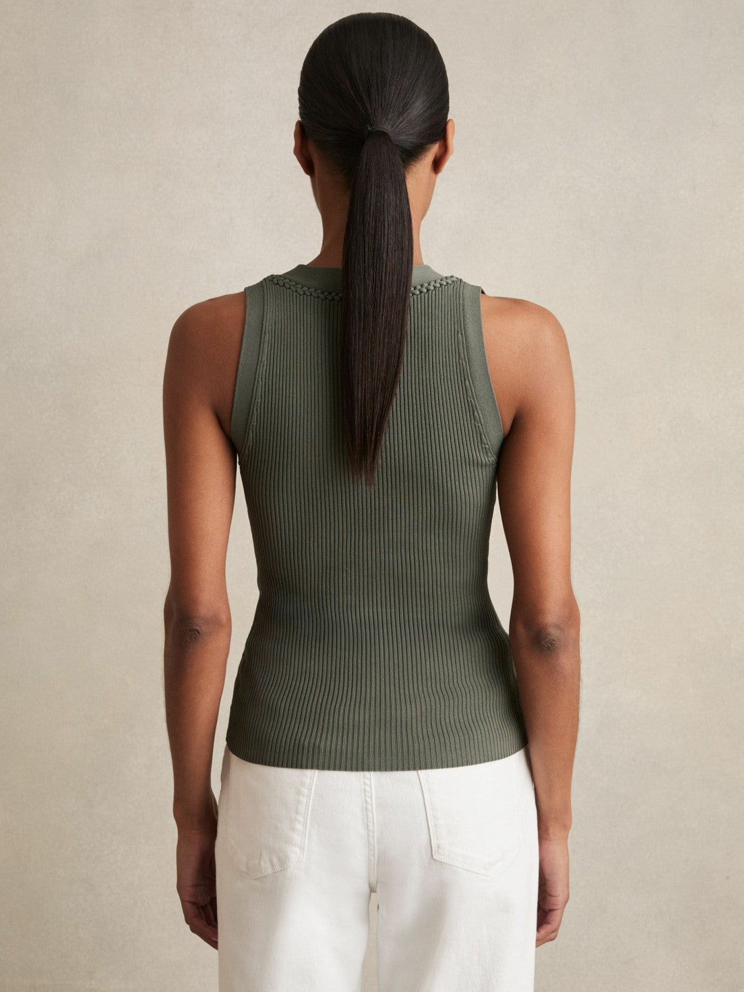 Women Craft-Stitch Rib-Knit Vest in Khaki Green