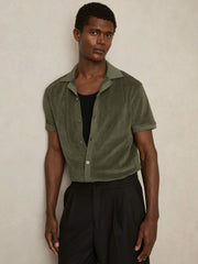 Men Cotton Blend Towelling Shirt in Green