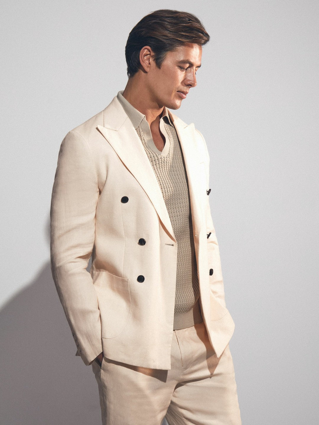 Men Linen Double-Breasted Suit Slim-Fit Blazer in Stone