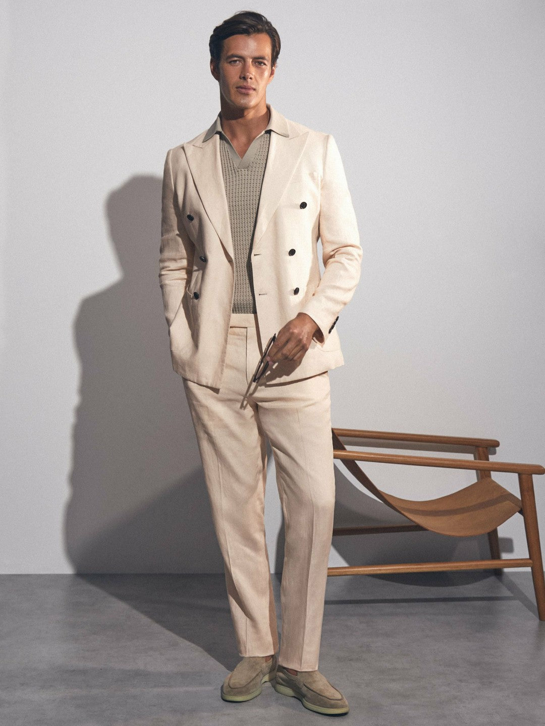 Men Linen Double-Breasted Suit Slim-Fit Blazer in Stone