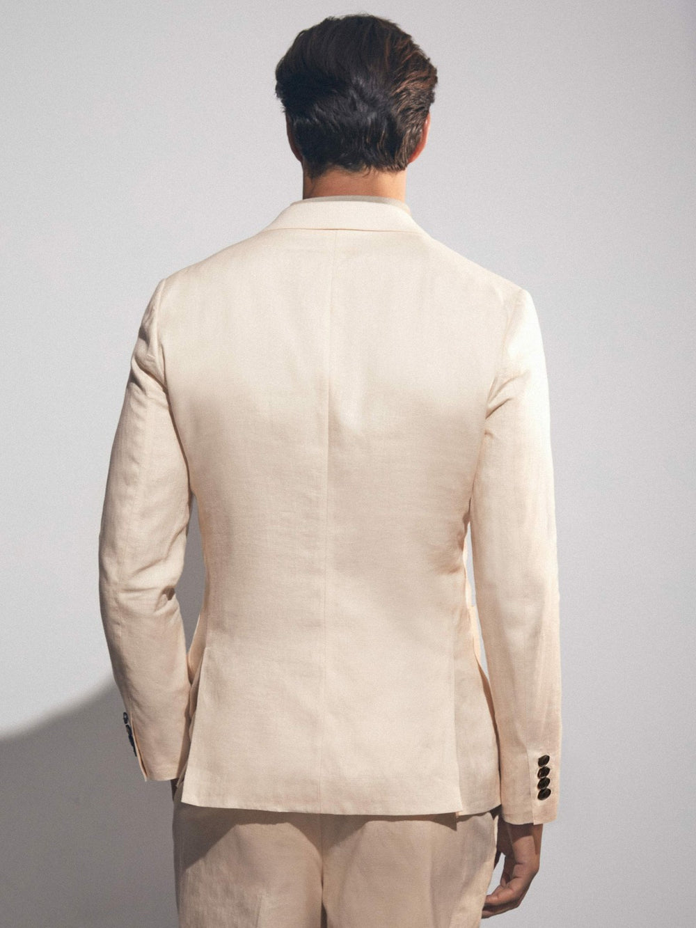 Men Linen Double-Breasted Suit Slim-Fit Blazer in Stone