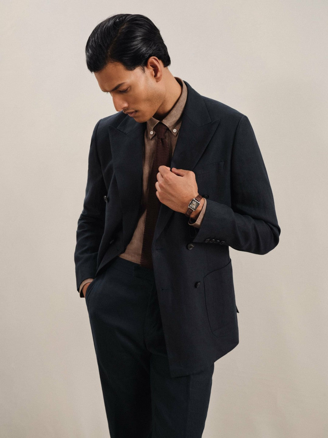 Men Linen Double-Breasted Suit Slim-Fit Blazer in Navy