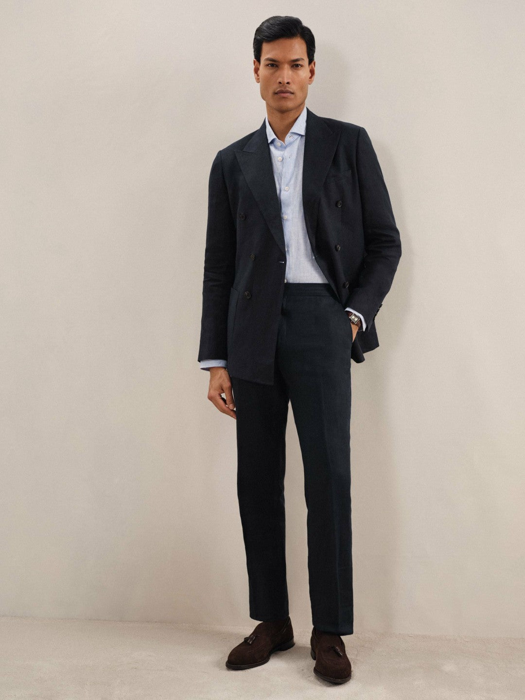 Men Linen Double-Breasted Suit Slim-Fit Blazer in Navy