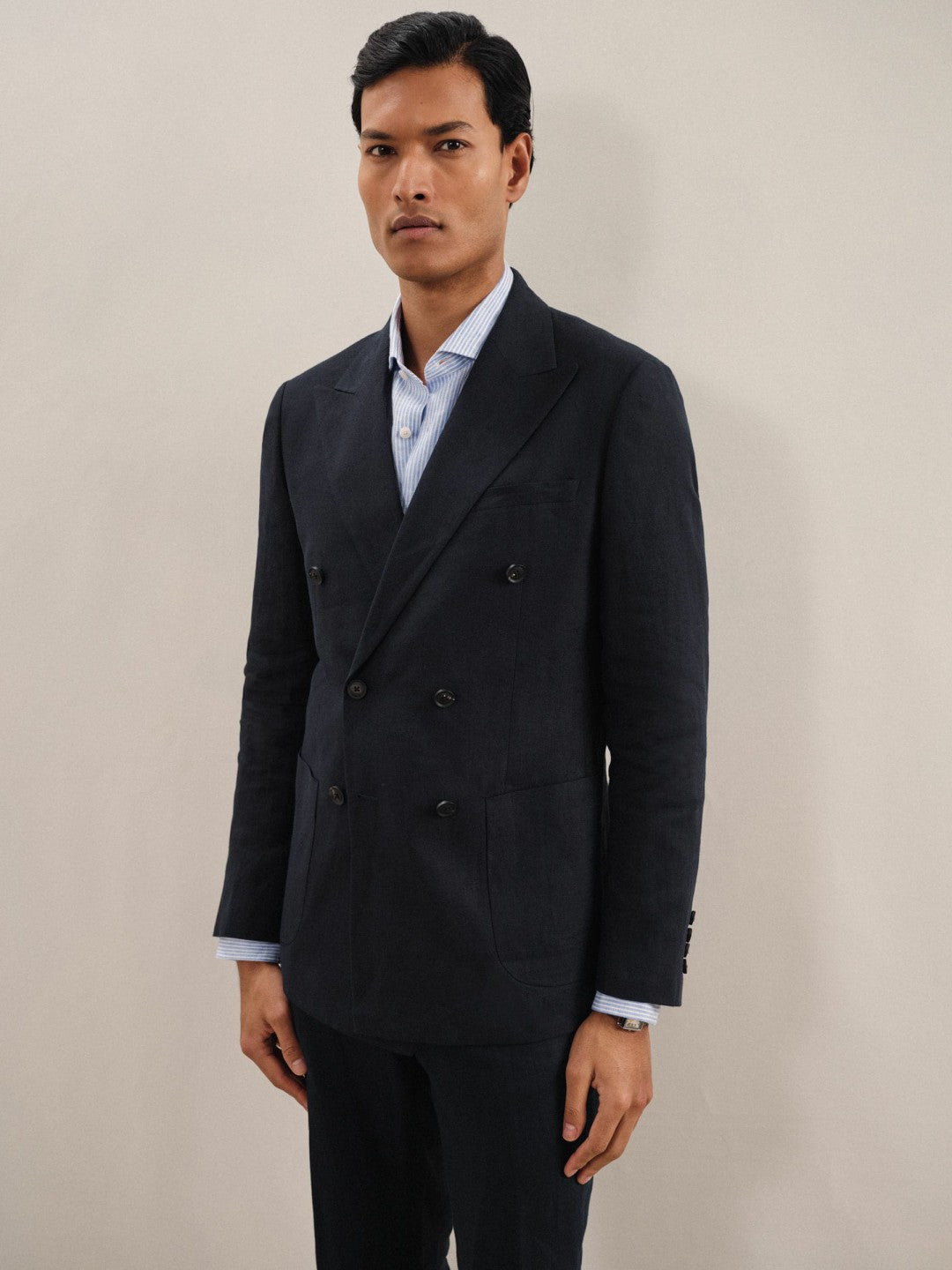 Men Linen Double-Breasted Suit Slim-Fit Blazer in Navy
