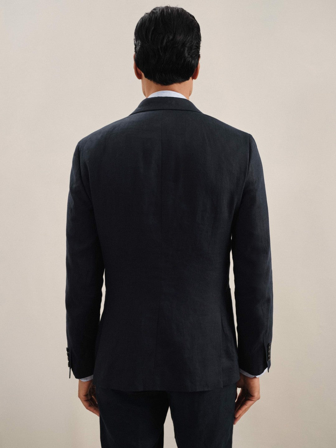 Men Linen Double-Breasted Suit Slim-Fit Blazer in Navy