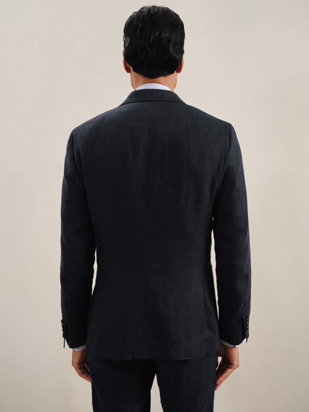 Men Linen Double-Breasted Suit Slim-Fit Blazer in Navy