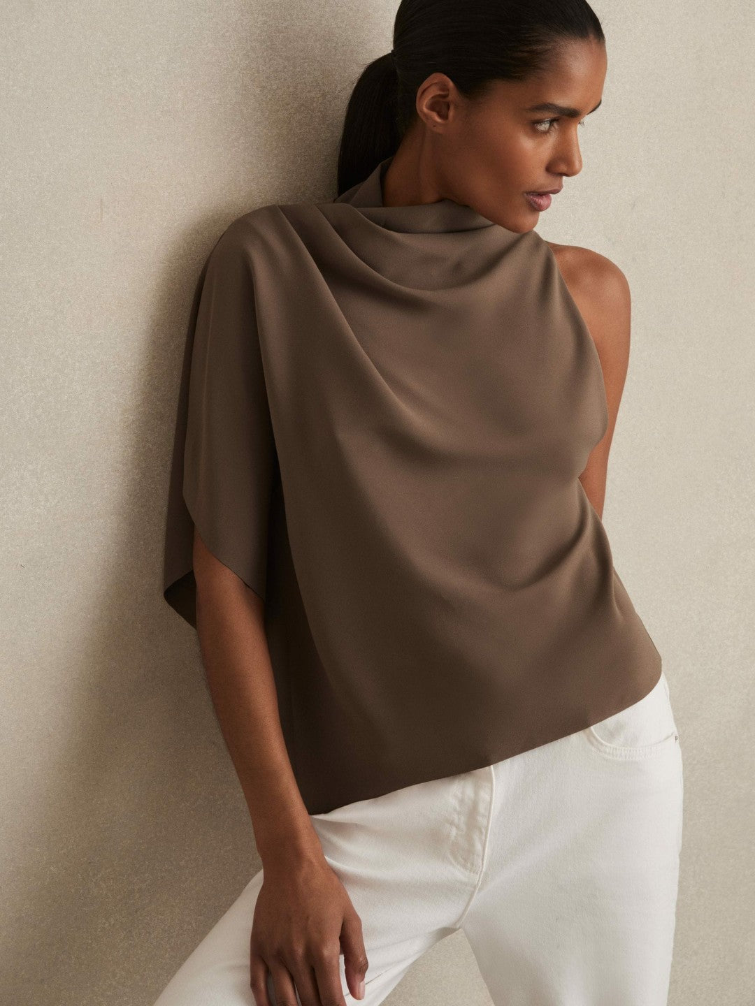 Women One-Shoulder Draped Top in Mink