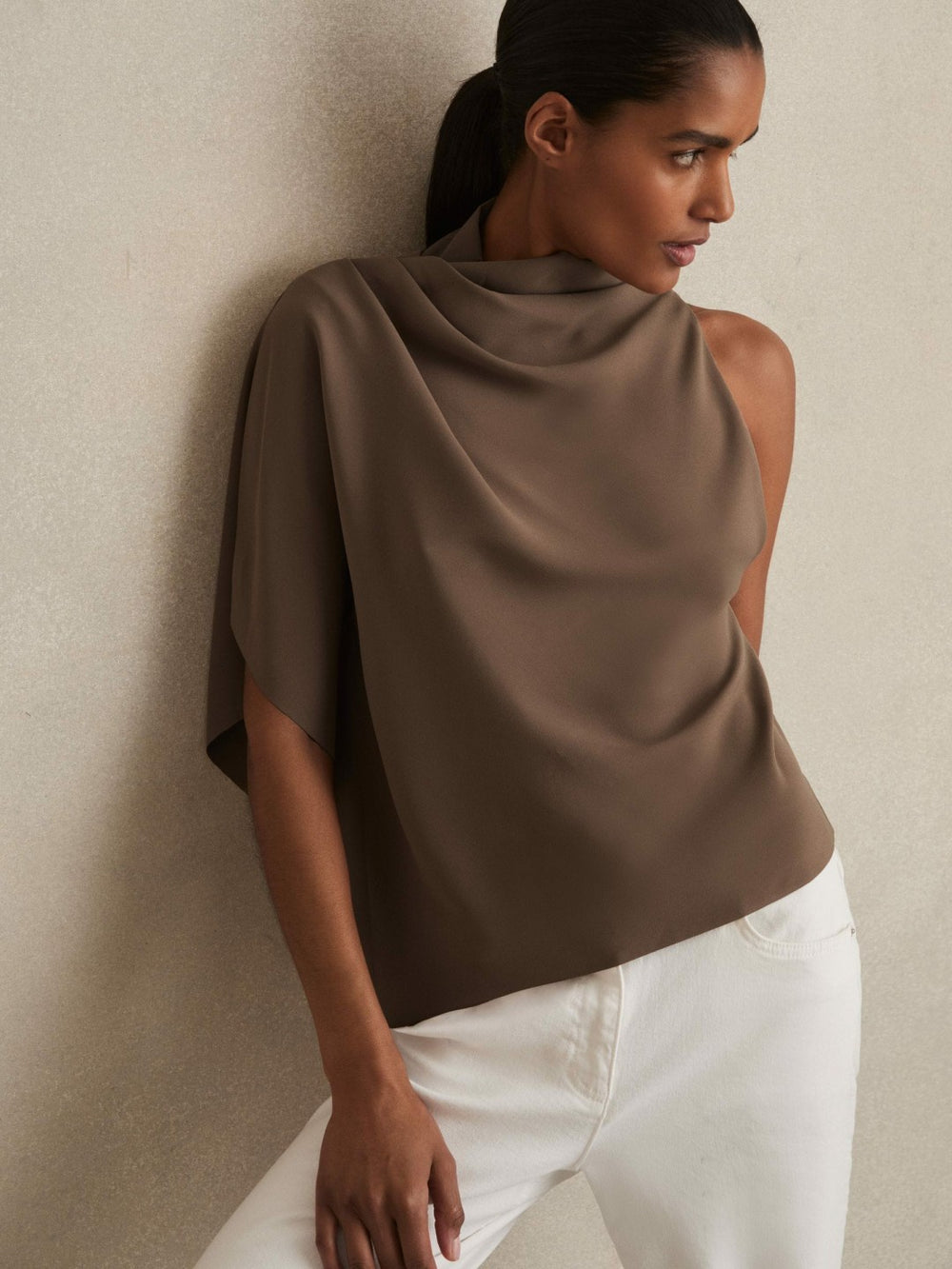 Women One-Shoulder Draped Top in Mink