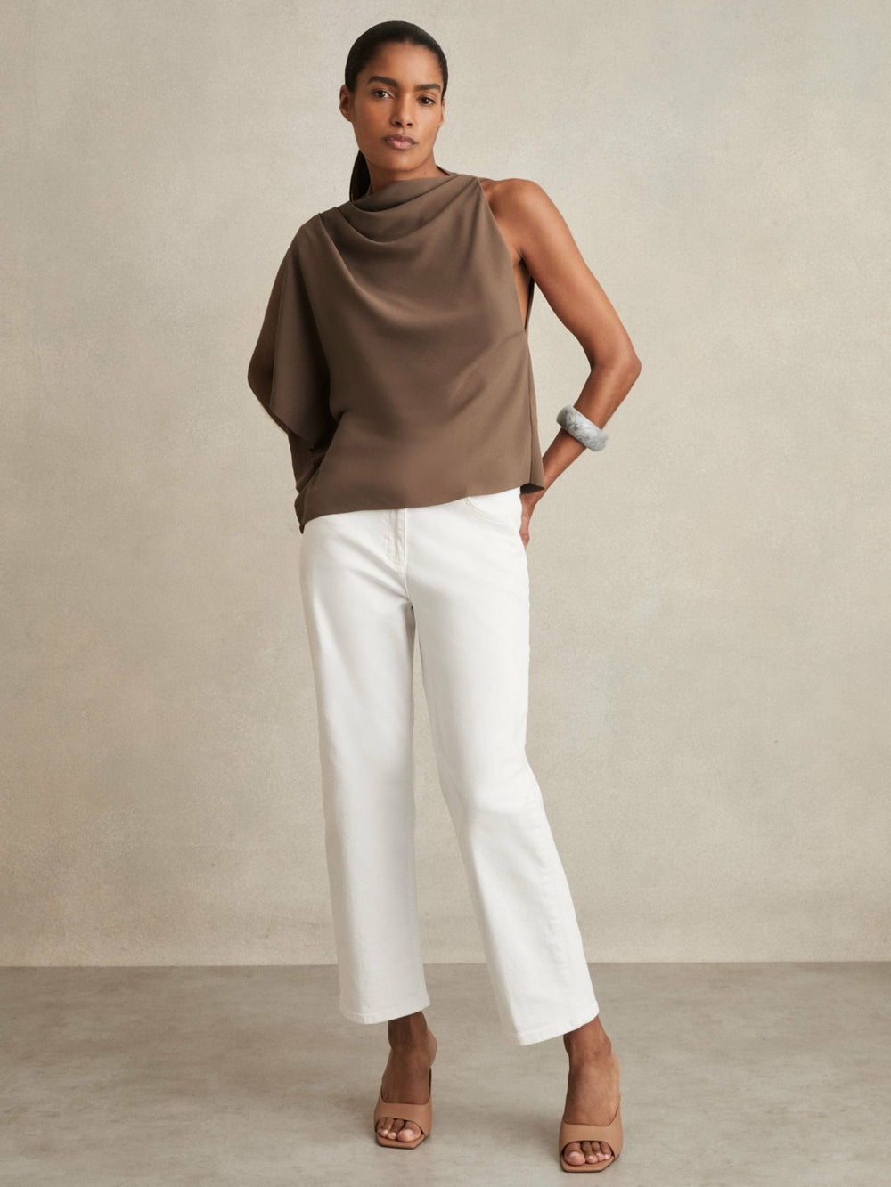 Women One-Shoulder Draped Top in Mink