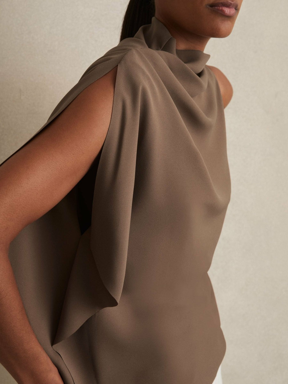 Women One-Shoulder Draped Top in Mink