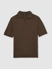 Men Merino Wool Open Collar Polo Shirt in Chocolate Brown
