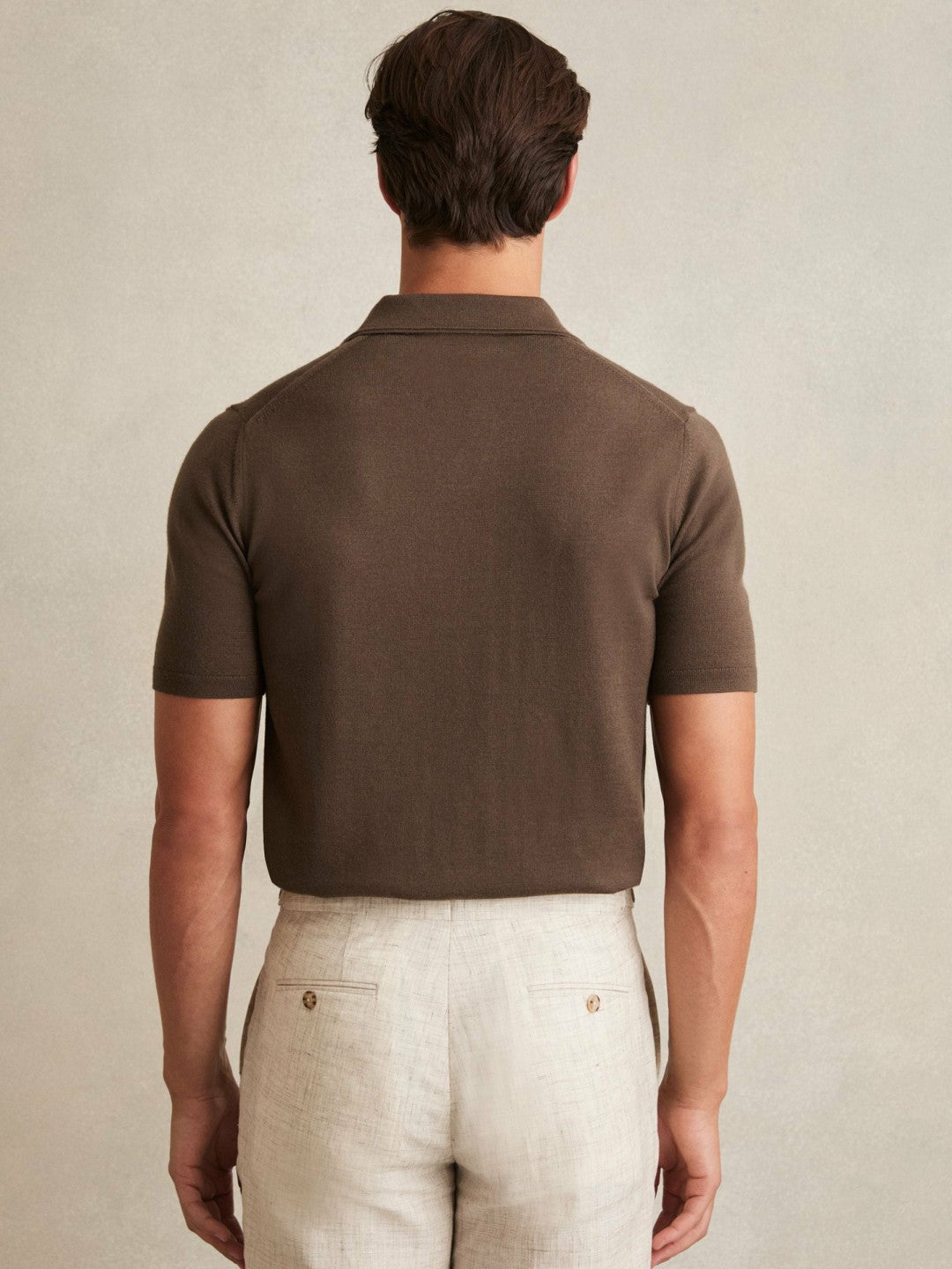 Men Merino Wool Open Collar Polo Shirt in Chocolate Brown