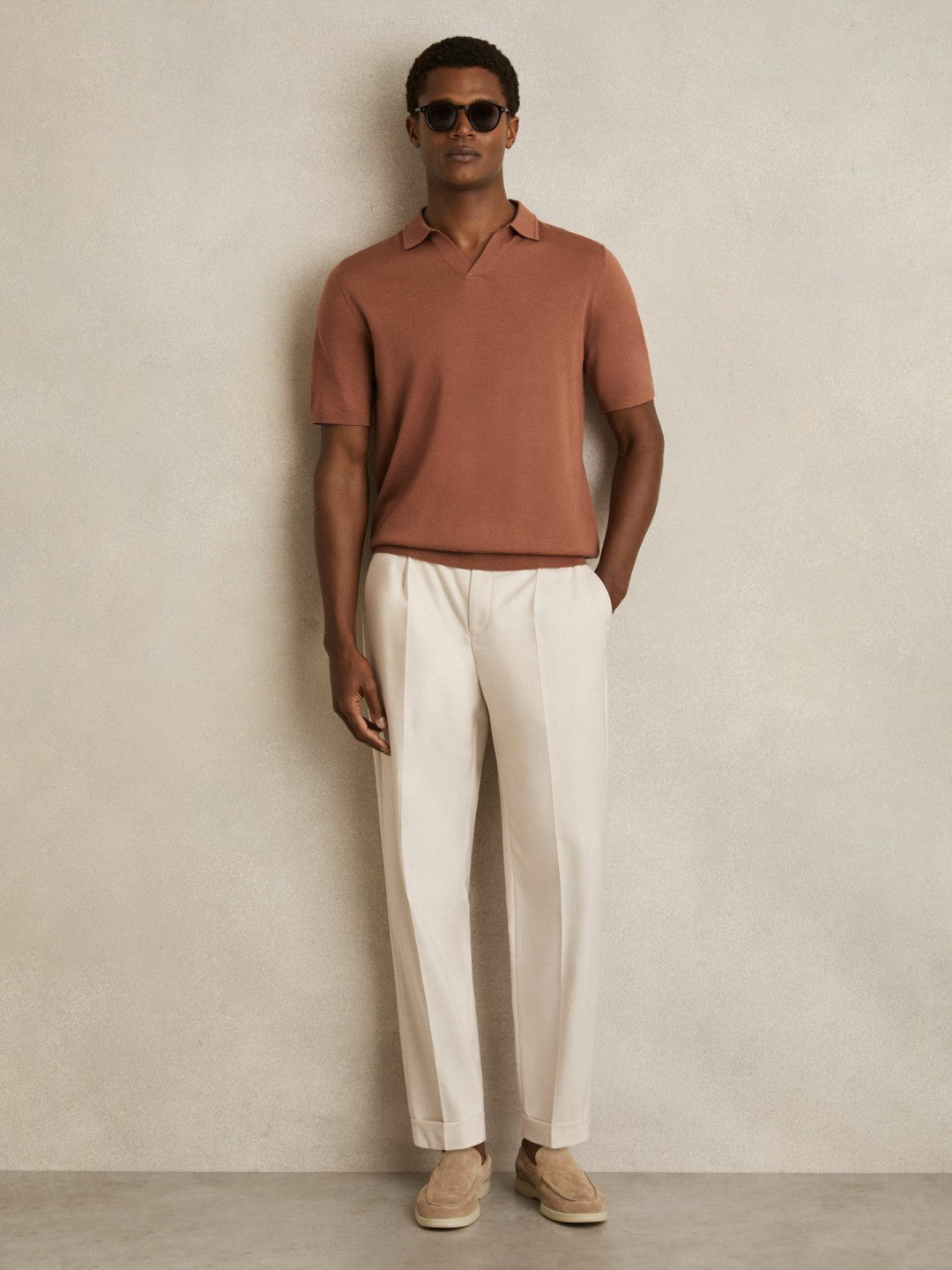 Men Merino Wool Open Collar Polo Shirt in Cinnamon Brown