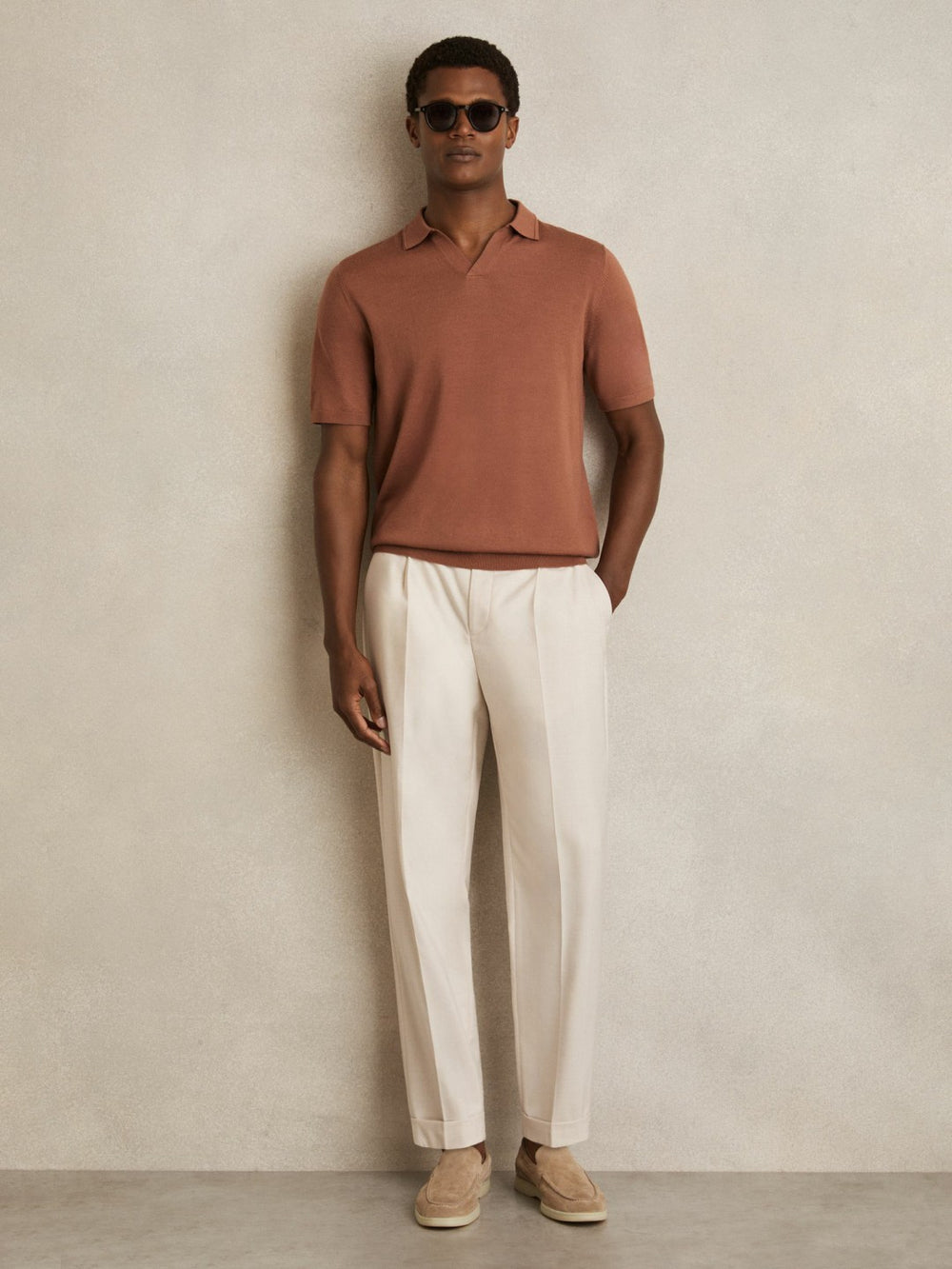 Men Merino Wool Open Collar Polo Shirt in Cinnamon Brown