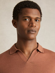 Men Merino Wool Open Collar Polo Shirt in Cinnamon Brown