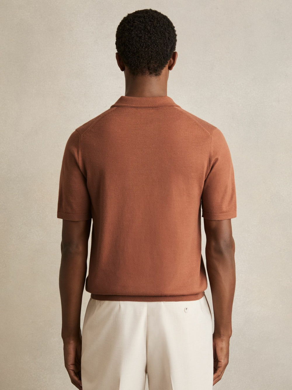 Men Merino Wool Open Collar Polo Shirt in Cinnamon Brown