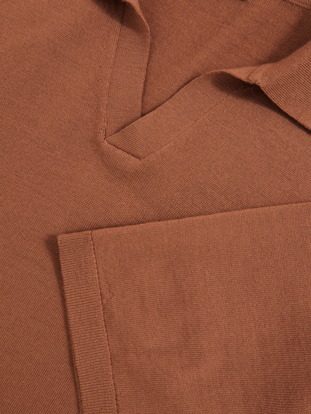 Men Merino Wool Open Collar Polo Shirt in Cinnamon Brown