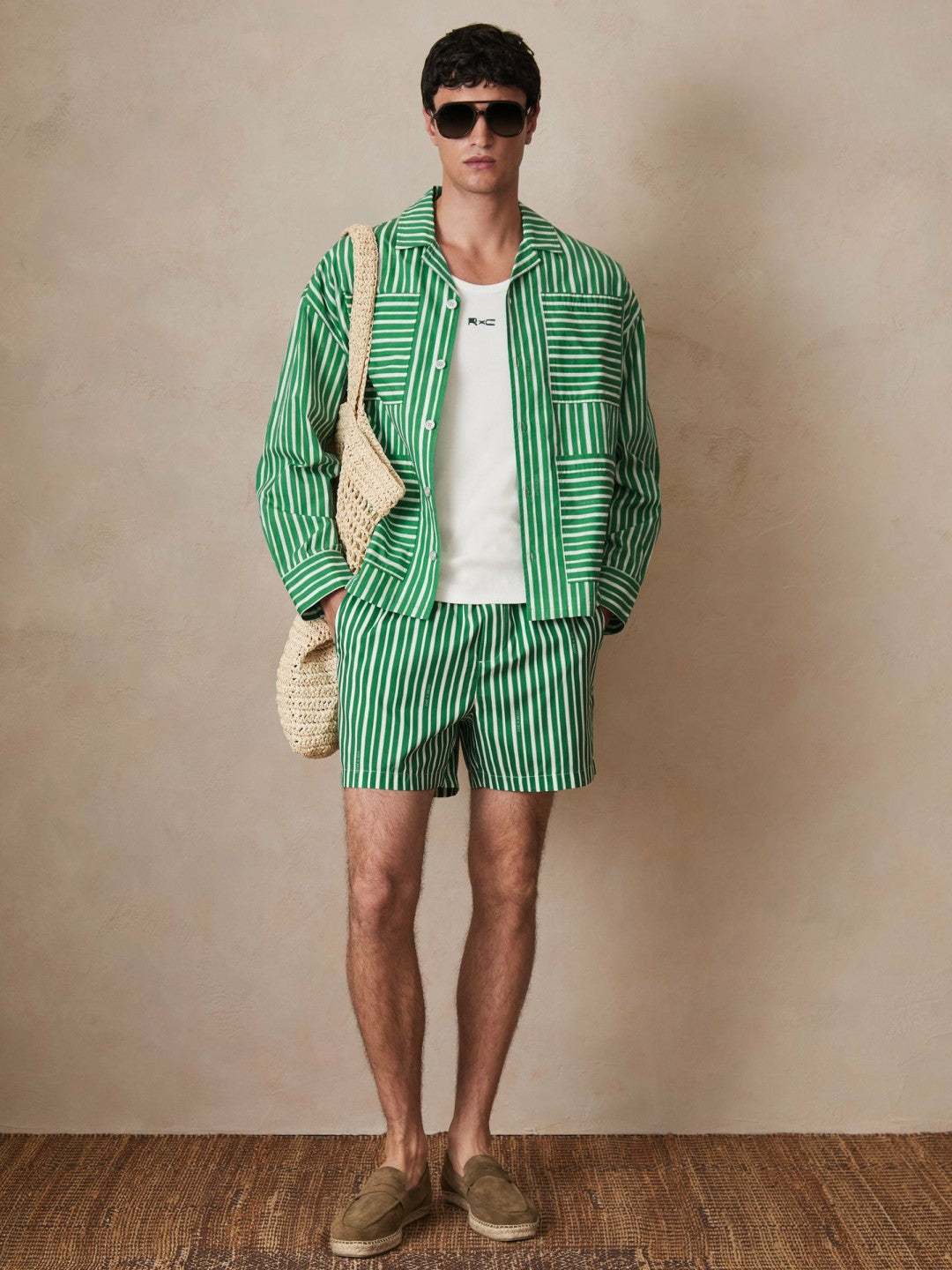 Men | Ché Poplin Stripe Pocket Shirt in Bright Green/White