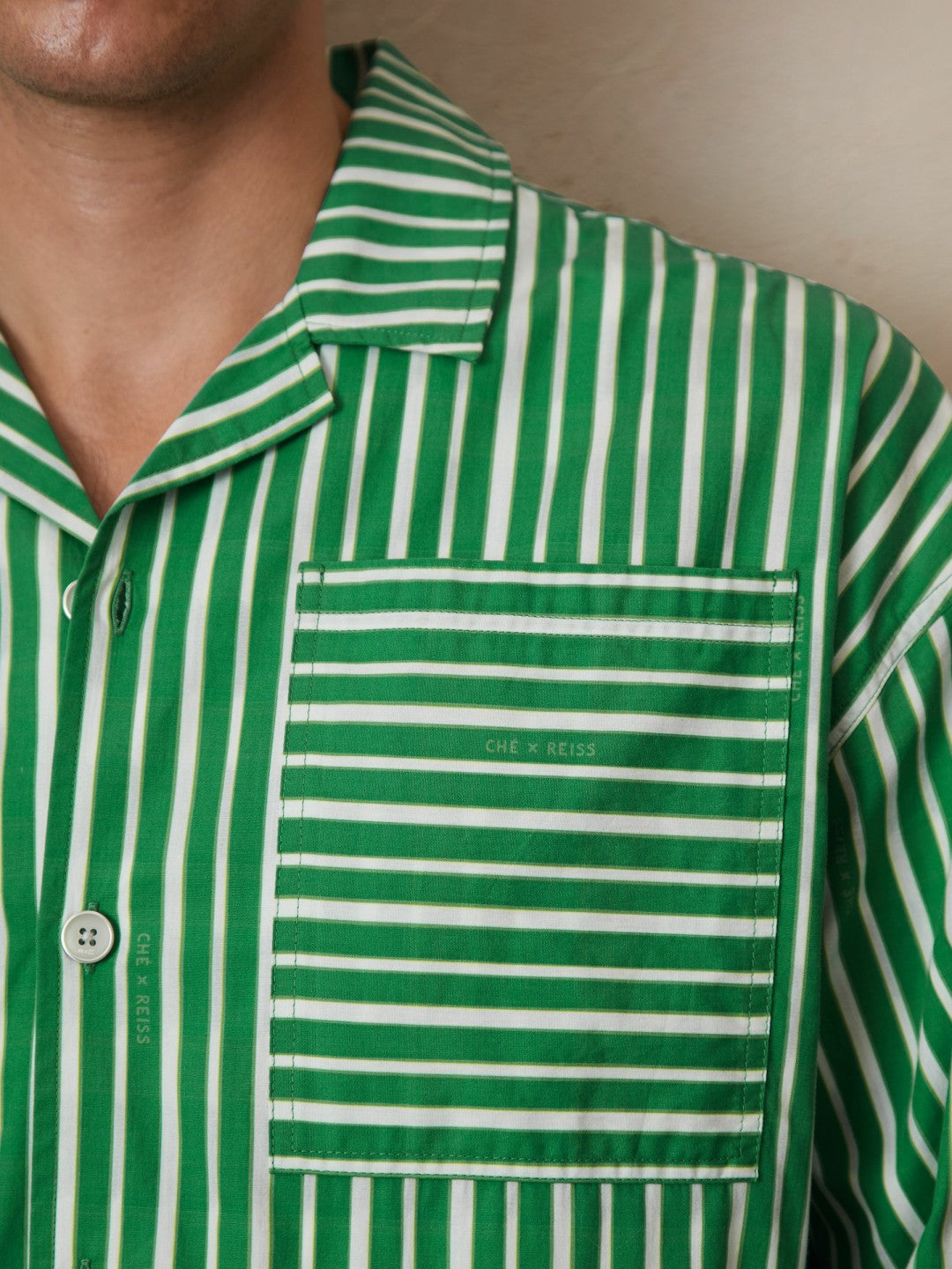 Men | Ché Poplin Stripe Pocket Shirt in Bright Green/White