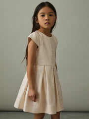Children & Baby 9-13 yrs Brocade Cap-Sleeve Pleated Dress in Ivory