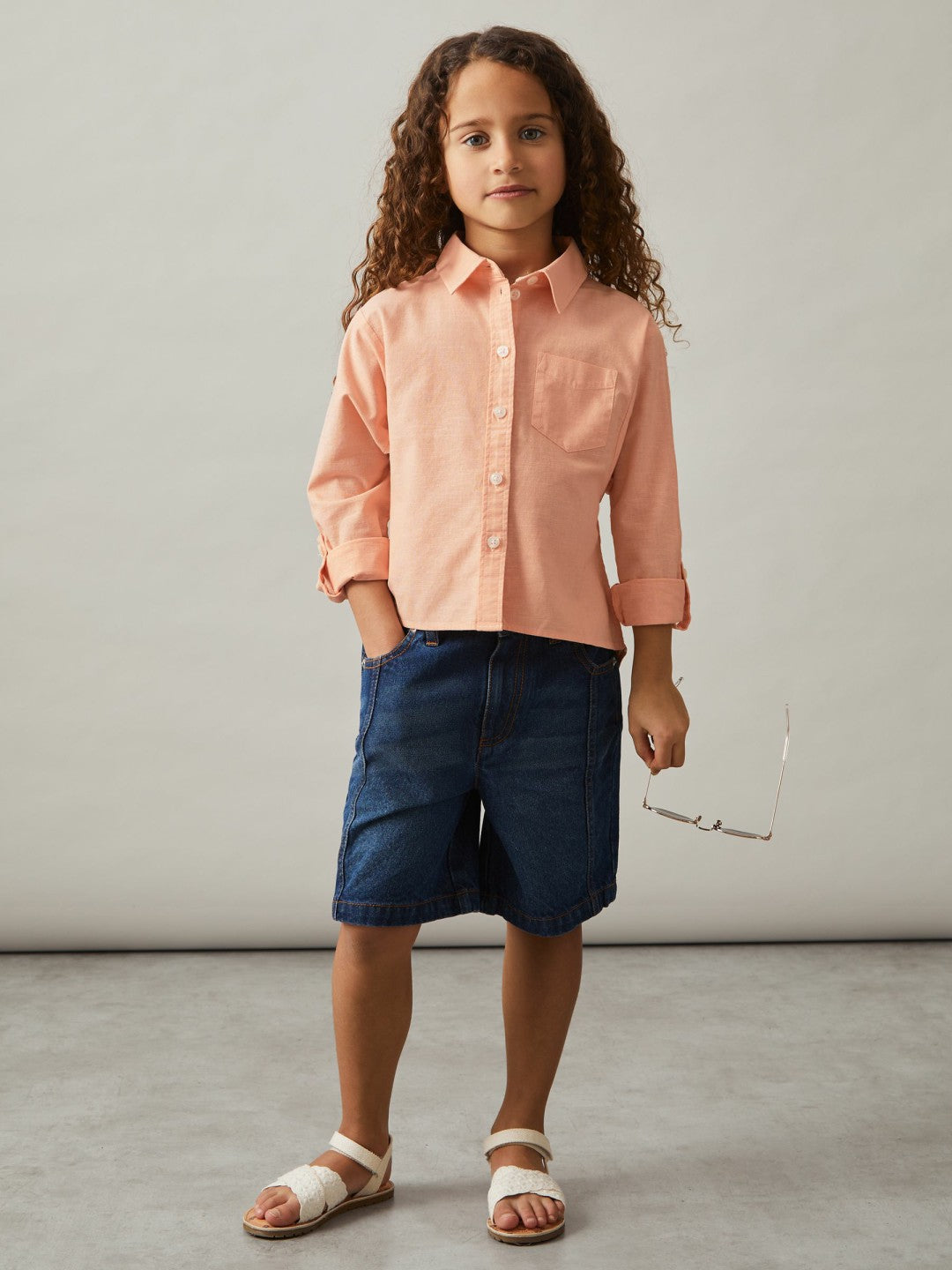Children & Baby 4-9 yrs Linen Roll-Cuff Shirt in Peach