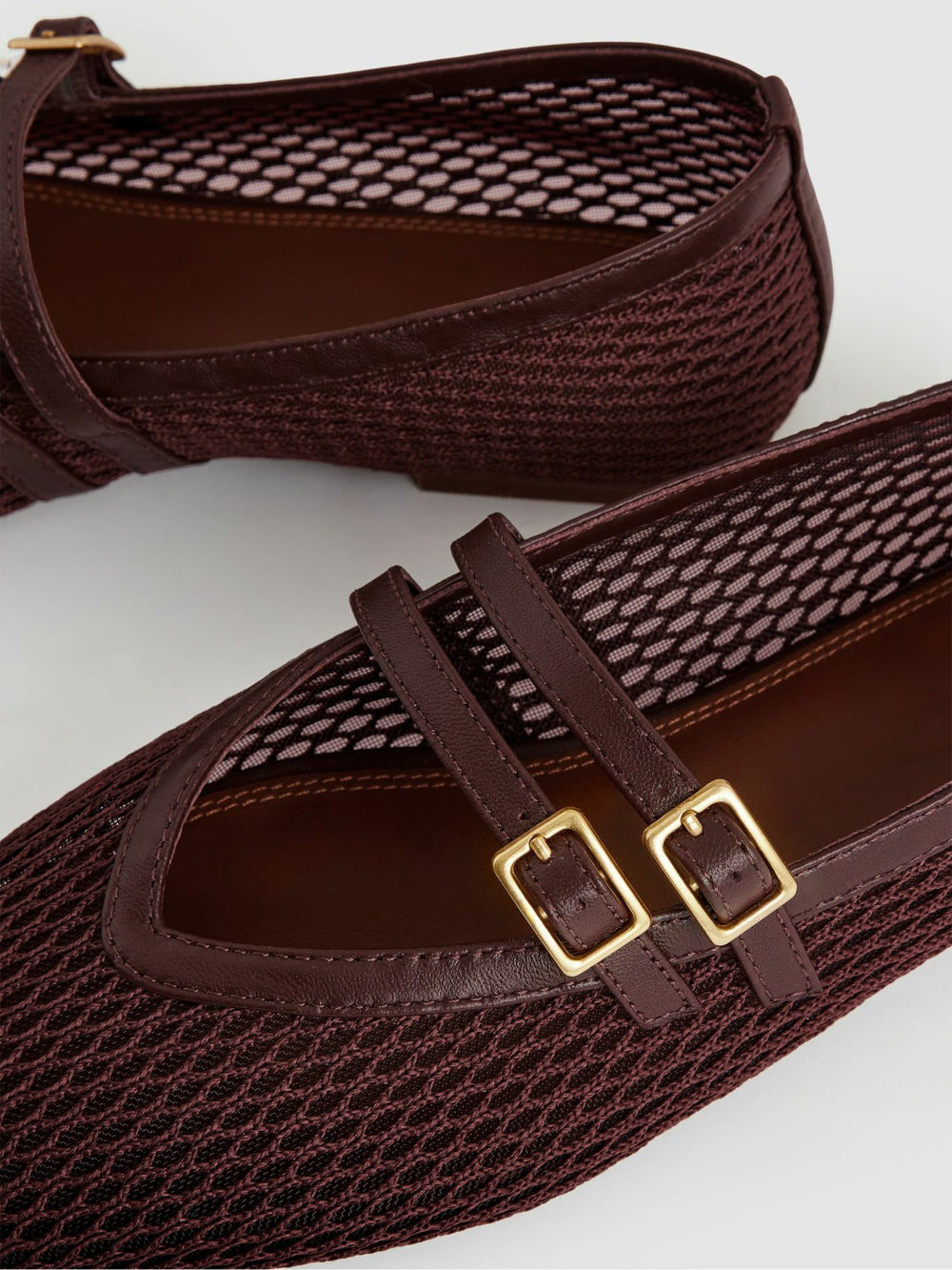 Women Mesh Double-Strap Ballet Flats in Oxblood