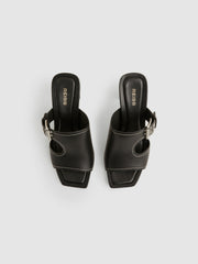 Women Leather Buckle Block-Heel Sandals in Black