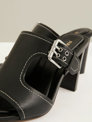 Women Leather Buckle Block-Heel Sandals in Black