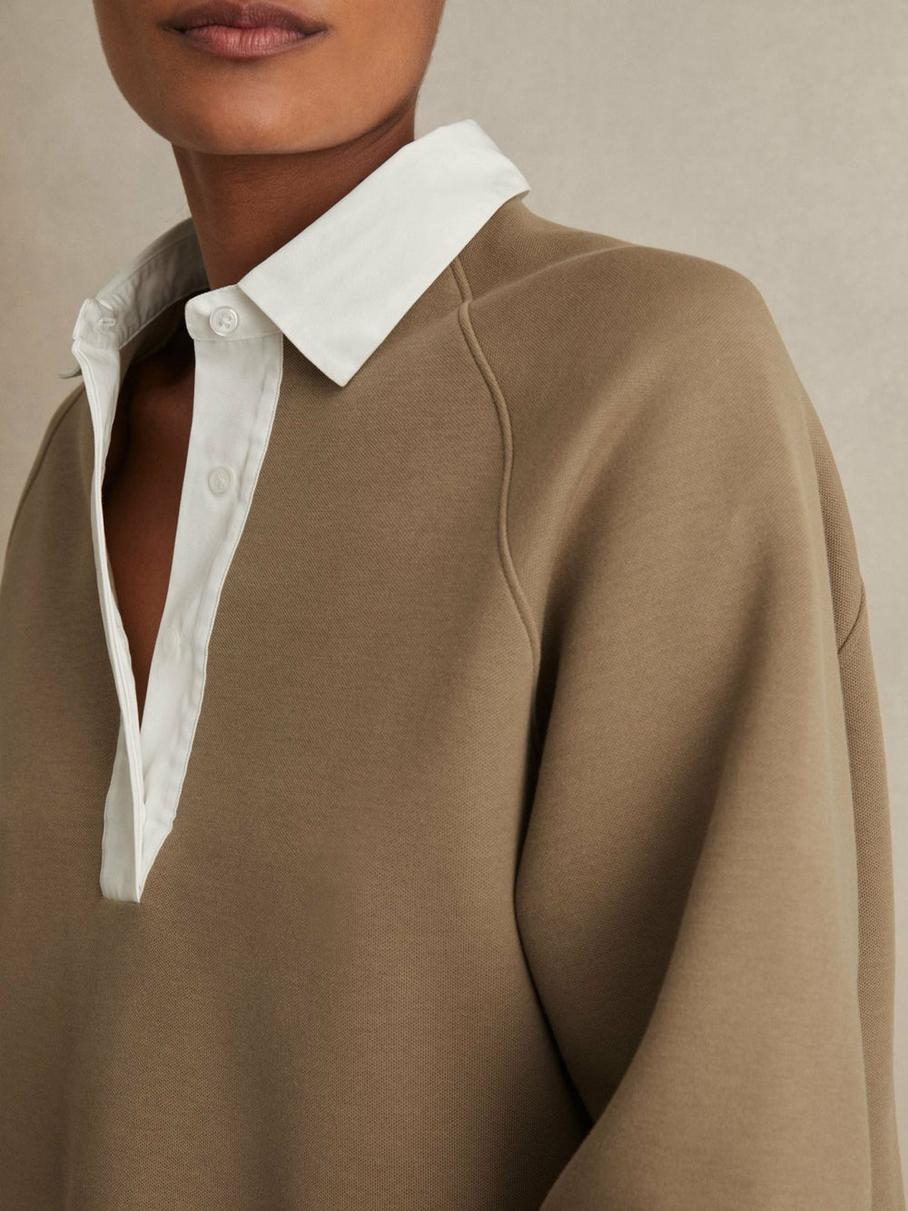 Women Cotton-Blend Interlock Collar Sweatshirt in Camel