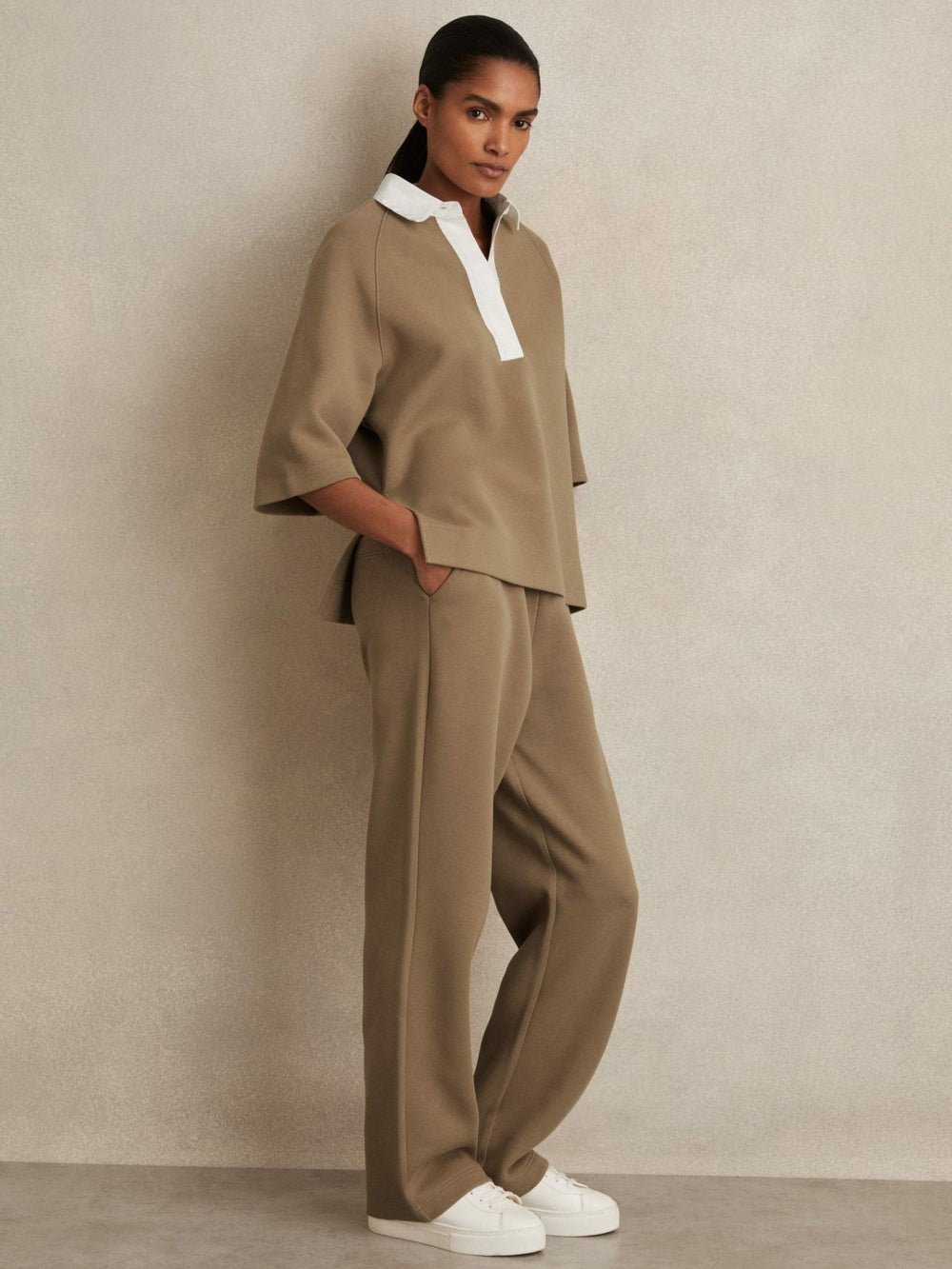 Women Cotton-Blend Interlock Collar Sweatshirt in Camel