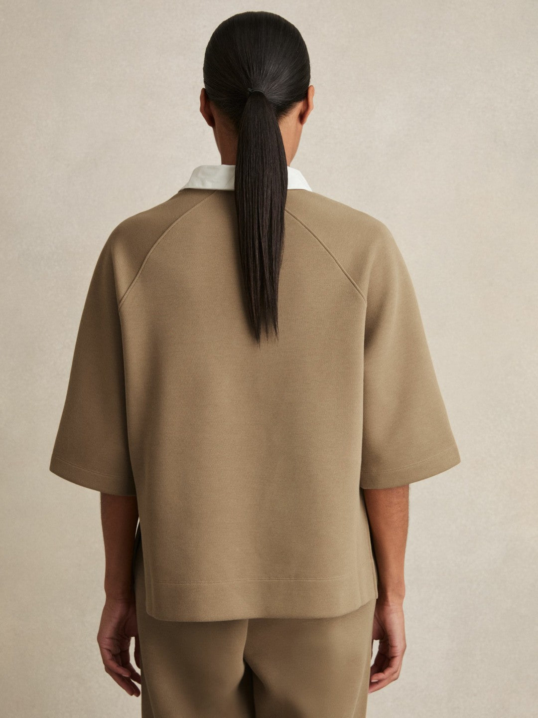 Women Cotton-Blend Interlock Collar Sweatshirt in Camel
