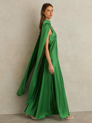 Women Petite Satin Cape Maxi Dress in Green