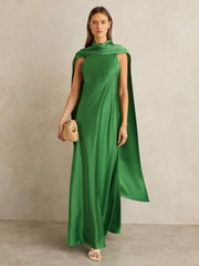 Women Petite Satin Cape Maxi Dress in Green