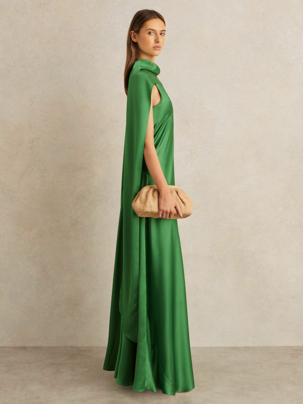 Women Petite Satin Cape Maxi Dress in Green
