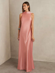 Women Petite Satin Cape Maxi Dress in Pink