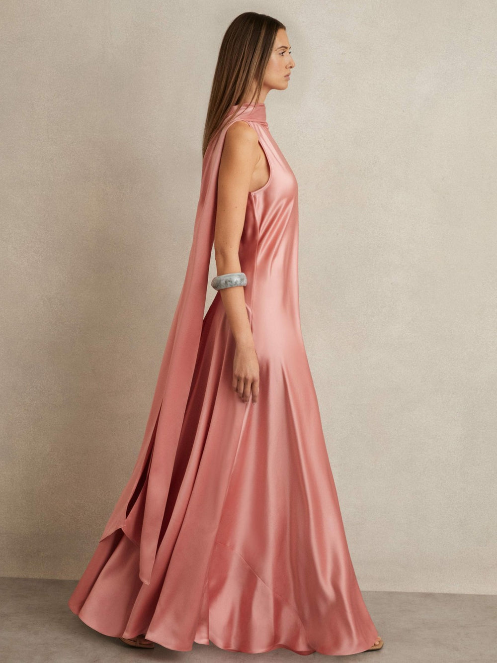 Women Petite Satin Cape Maxi Dress in Pink