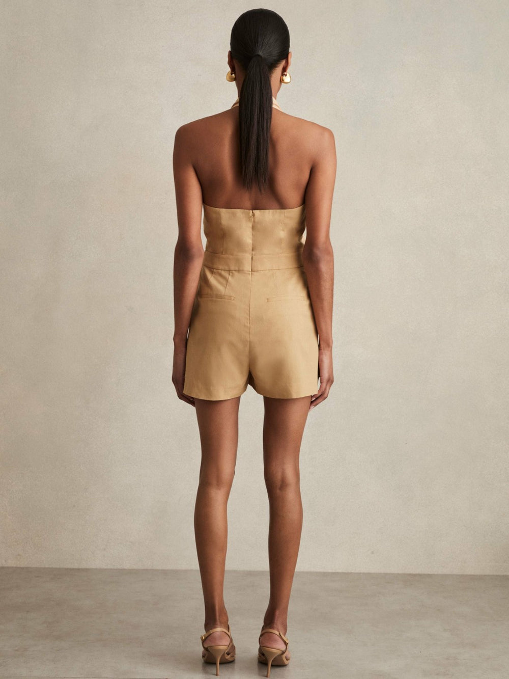 Women Lyocell Cotton Halter Skort Playsuit in Camel
