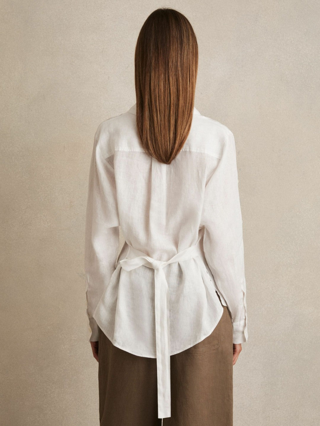 Women Linen Tie-Back Shirt in White