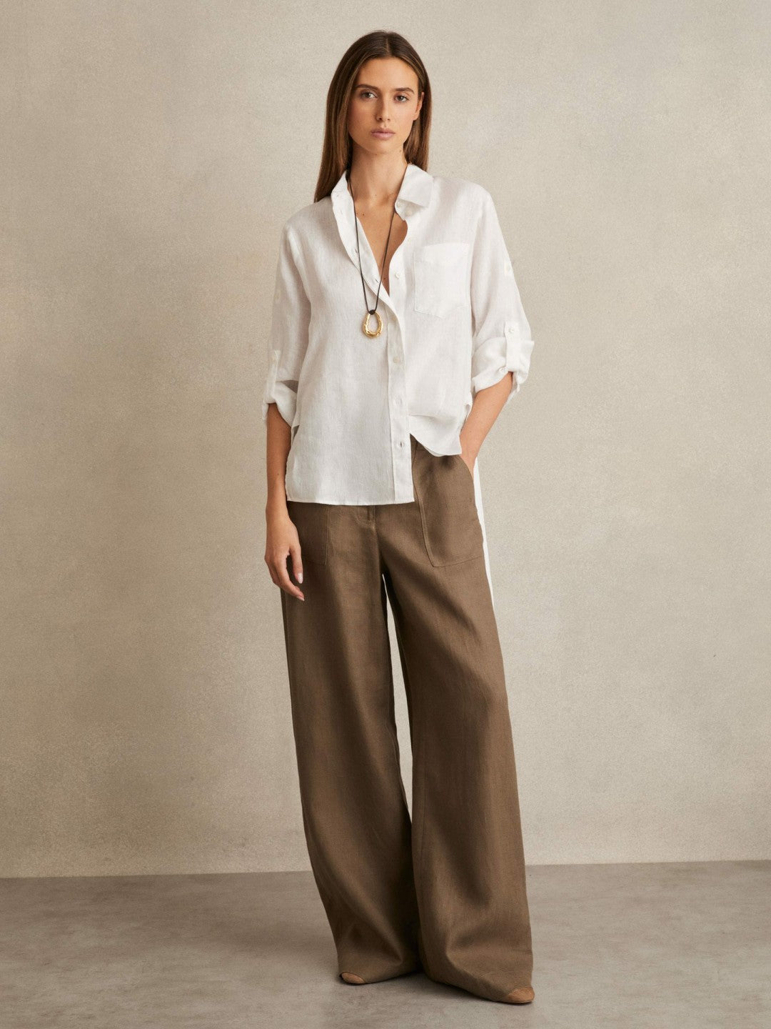 Women Linen Tie-Back Shirt in White