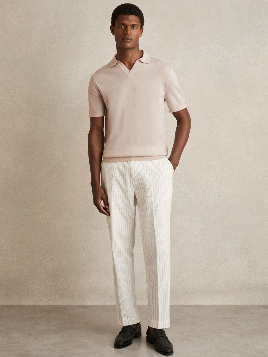 Men Merino Wool Open Collar Polo Shirt in Beige