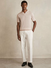 Men Merino Wool Open Collar Polo Shirt in Beige