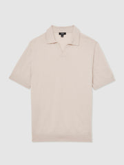 Men Merino Wool Open Collar Polo Shirt in Beige