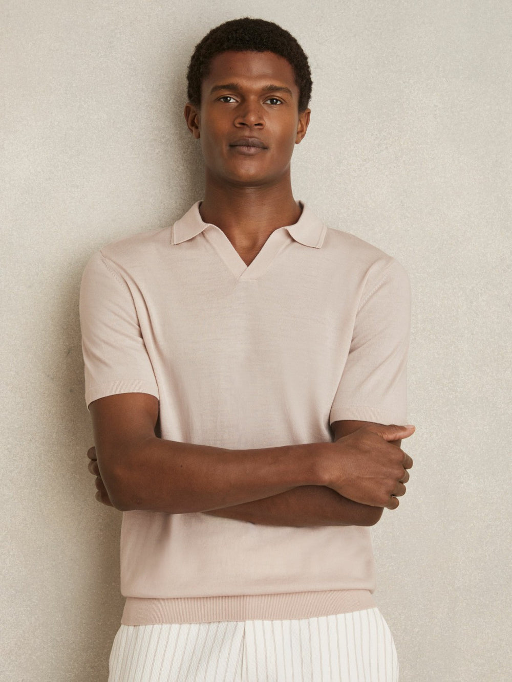 Men Merino Wool Open Collar Polo Shirt in Beige