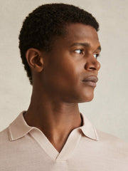 Men Merino Wool Open Collar Polo Shirt in Beige